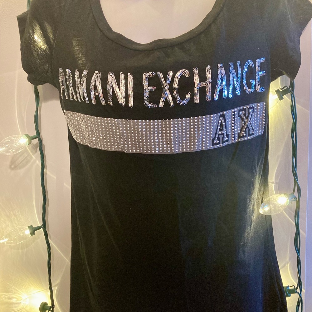 Armani Exchange Black Tee with Silver Sequin Embellishments
